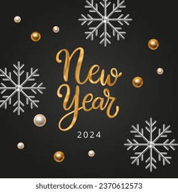Happy New Year Christmas vector poster holiday greeting card, premium luxury 3d gold and silver shiny diamond snowflake ornament decoration shiny render on a black background