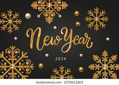 Feliz Año Nuevo Cartel vectorial de Navidad tarjeta de saludo de vacaciones, lujoso y lujoso oro brillante diamante de copo de nieve decoración brillante renderizado en un fondo negro