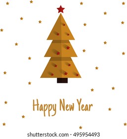 Happy New Year. Christmas vector with gold christmas tree and stars on white background. Flat hand drawn illustration.