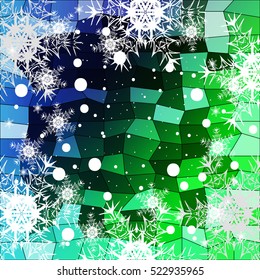 Happy New Year, Christmas vector illustration. Winter blue, green background with snowflakes. polygonal pattern