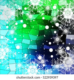 Happy New Year, Christmas vector illustration. Winter blue, green background with snowflakes. polygonal pattern