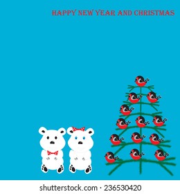 Happy New Year and Christmas.couple of funny cartoon polar bears sitting next to the Christmas tree.Christmas greeting card