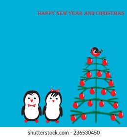 Happy New Year and Christmas.couple of funny cartoon penguin next to the Christmas tree.greeting card