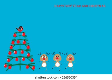 Happy New Year and Christmas.funny cartoon Santa's reindeer dancing under the Christmas tree. Christmas greeting card