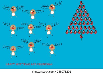 Happy New Year and Christmas.funny cartoon Santa's reindeer dancing near a Christmas tree decorated with bullfinches.Christmas greeting card