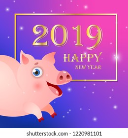 Happy New Year with chubby piglet and frame poster design. Inscription in frame with chubby piglet on purple background. Can be used for postcards, calendars, greetings