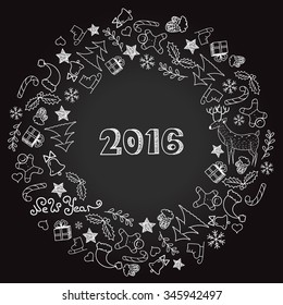 Happy New Year circle frame. Wreath with hand drawn doodle. 