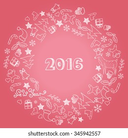 Happy New Year circle frame. Wreath with hand drawn doodle. 