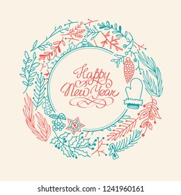 Happy New Year circle multicolored wreath sketch composition with beautiful cartoons of branches and symbols hand drawing vector illustration