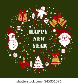 Happy New Year. Circular  greeting card template with element doodle style in green background.