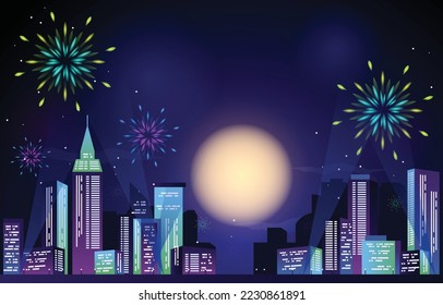 Happy New Year City Building Cityscape Fireworks Full Moon