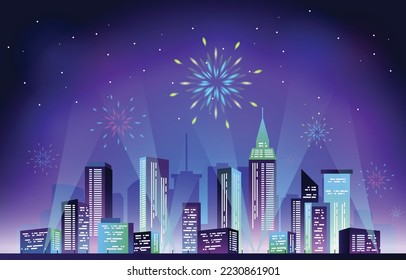 Happy New Year City Building Cityscape Fireworks Party