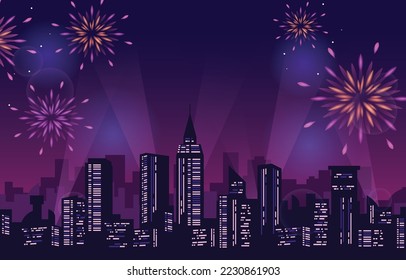 Happy New Year City Building Cityscape Fireworks Party