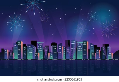 Happy New Year City Building Cityscape Fireworks Water Reflection