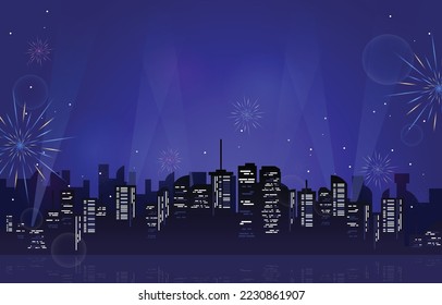 Happy New Year City Building Cityscape Fireworks Water Reflection