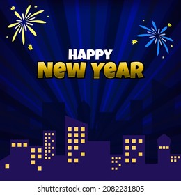 Happy New Year With City Scape And Fireworks On Cartoon Comic Style 