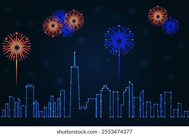 Happy New year, cityscape and fireworks 