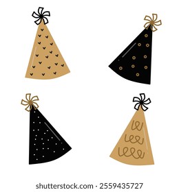 Happy New Year Clipart. Festive Black and Gold Hats with Ornaments for New Year's Party.