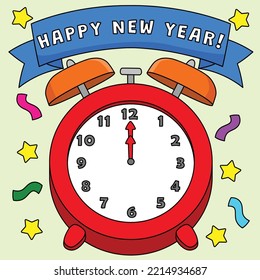 Happy New Year Clock Colored Cartoon Illustration
