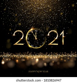 Happy new year clock countdown background. Gold glitter shining in light with sparkles abstract celebration. Greeting festive card vector illustration. Merry holiday poster or wallpaper design. - Shutterstock ID 1810826947