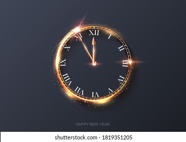 Happy new year clock countdown background. Gold light shining with sparkles abstract celebration at midnight. Festive glowing time card vector illustration. Merry holiday design.