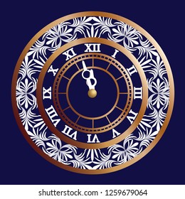 Feliz año nuevo. Cara de reloj en fondo azul oscuro casi medianoche. Ilustración vectorial.