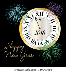 happy new year clock with fireworks vector graphic