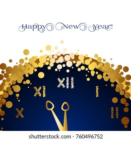 Happy New Year! Clock and gold stars on a white background.