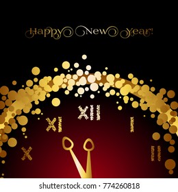Happy New Year! Clock and gold stars on a black background