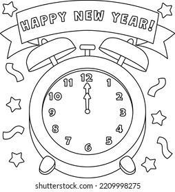 Happy New Year Clock Isolated Coloring Page 