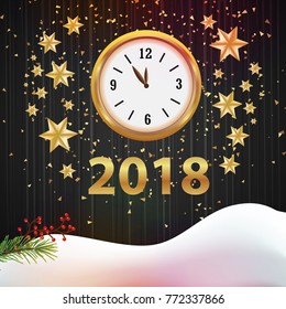Happy new year clock and star on wood background