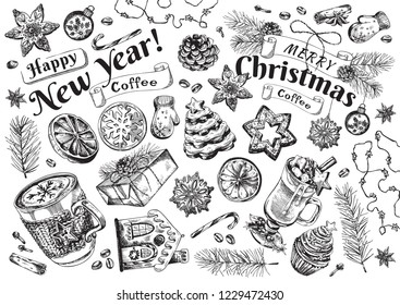 Happy New Year Coffee, Merry Christmas Hot Drink Illustration. Festive beverage with title, cookies, spruce branch and traditional decor. Engraved style vector artwork. Good for cafe menu, ads, poster