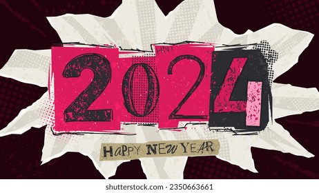 Happy New Year collage banner. Trendy vector illustration in collage style for New Year events with doodles. Number 2024 with grunge effect with torn paper on background. Happy New 2024 Year.