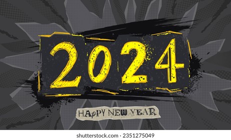 Happy New Year collage card. Trendy vector illustration in collage style for New Year events with doodles. Number 2024 with grunge effect with torn paper on background. Happy New 2024 Year.