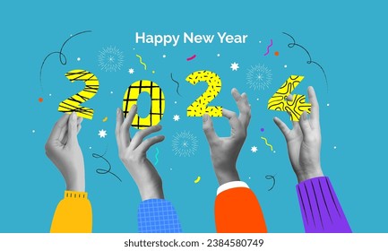 Happy new year collage design with hands holding 2024. Colorful collage style illustrations. Design for poster, banner, greeting and celebration. Vector Illustration