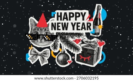 Happy New Year collage with pixel art cat wearing sunglasses, champagne bottle and gift box for holiday greeting card.