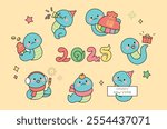 Happy New Year. A collection of cute blue snake characters symbolizing the year 2025 in Asia.