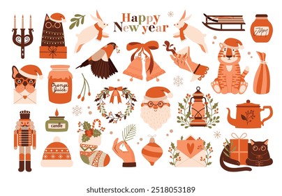 Happy New Year. Collection of cute cartoon clip arts with cats in santa hat, bullfinch, french bulldog, rabbits, bells, santa claus, christmas toy, nutcracker, candle, sock, wreath. Sticker pack.