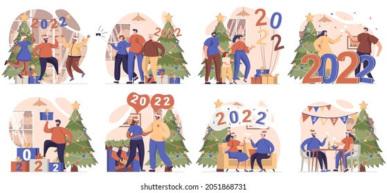 Happy New Year collection of scenes isolated. People celebrating 2022, having fun at festive party, set in flat design. Vector illustration for blogging, website, mobile app, promotional materials.