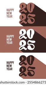 Happy New Year. Color of 2025 year. Brown letters with long shadow on chocolate and white. Set of vector poster. Greeting card. Merry Christmas. Numbers 2, 0, 5. Social media template. Winter holiday	