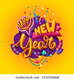 Happy new year color cartoon lettering on the yellow background 