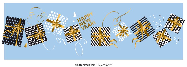 Happy New Year color vector banner template. Golden gradient lettering and gift boxes with bows. Presents and ribbons, streamers on blue background. Xmas decorations. Holiday invitation, poster design
