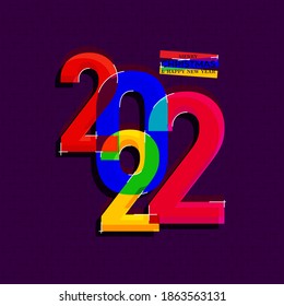 Happy New Year colored 2022 design. Cover of business diary for 2022 with wishes. Hologram brochure text design template, card, banner. Vector illustration. Isolated on black background.