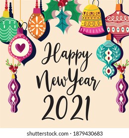 happy new year colored balls holly berry and hand drawn lettering vector illustration