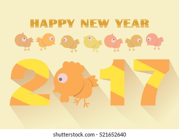 Happy new year colored text with Chicken Vector Illustration.