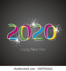 Happy New Year colorful 2020 spark firework modern line design gold white black vector