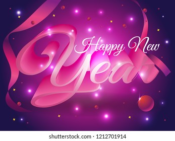 Happy new year colorful 3D text vector template with ball and confetti in violet color