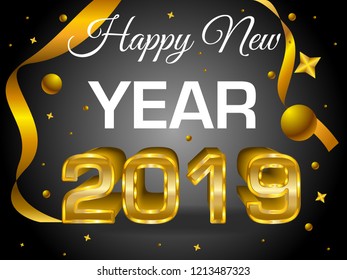 Happy new year colorful 3D text 2019 vector template with ball