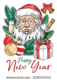 Happy New Year colorful flyer with Santa Claus portrait and Christmas gifts or toys for holiday fir vector illustration