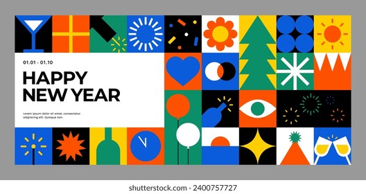 Feliz Año Nuevo colorido mosaico geométrico patrón sin fisuras. Forma creativa abstracta. Icono de estilo escandinavo moderno. Símbolo moderno y luminoso. Mínima impresión de fondo. Ilustración vectorial plana.